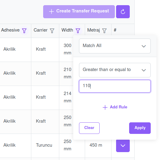 A screenshot showcasing filtering options for custom fields